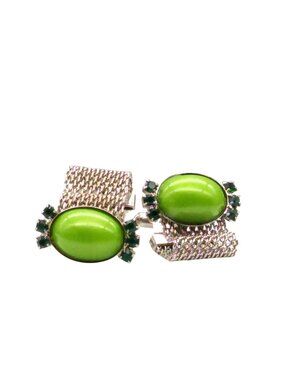 Vintage Wrap Cuff Links, Green Lucite Cabochons flanked by Green Crystals